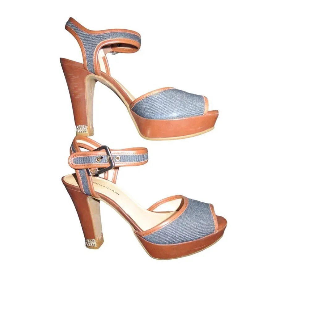 Antonio Melani Joey Denim & Italian Leather Embellished Rhinestone Heel Tips siz